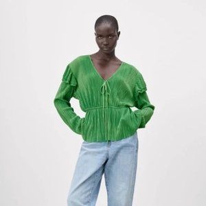Emerald Green Pleated Blouse, Ruffled Shoulder Accent and Adjustable V-Neck Tie